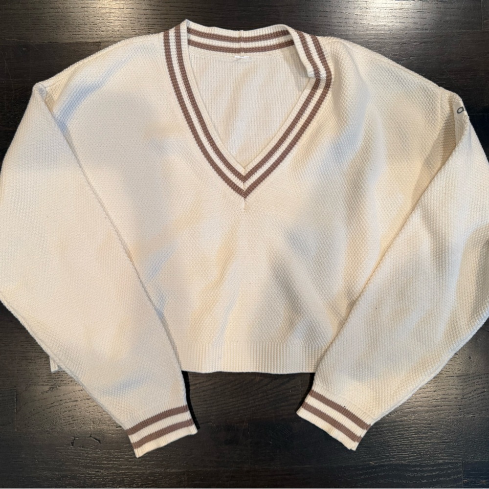 Cream V-Neck Sweater with Brown Stripes and matching skirt with built in shorts